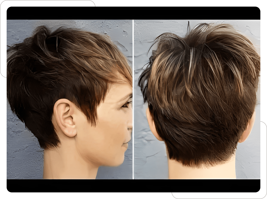 Short layered hairstyle, side and back view